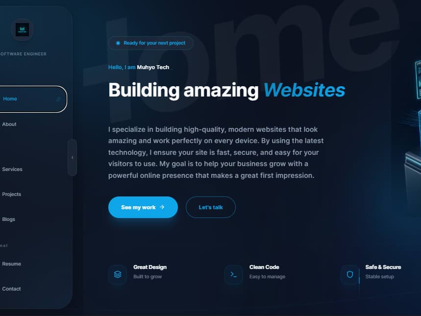Muhyo Tech web platform displayed on a development workspace